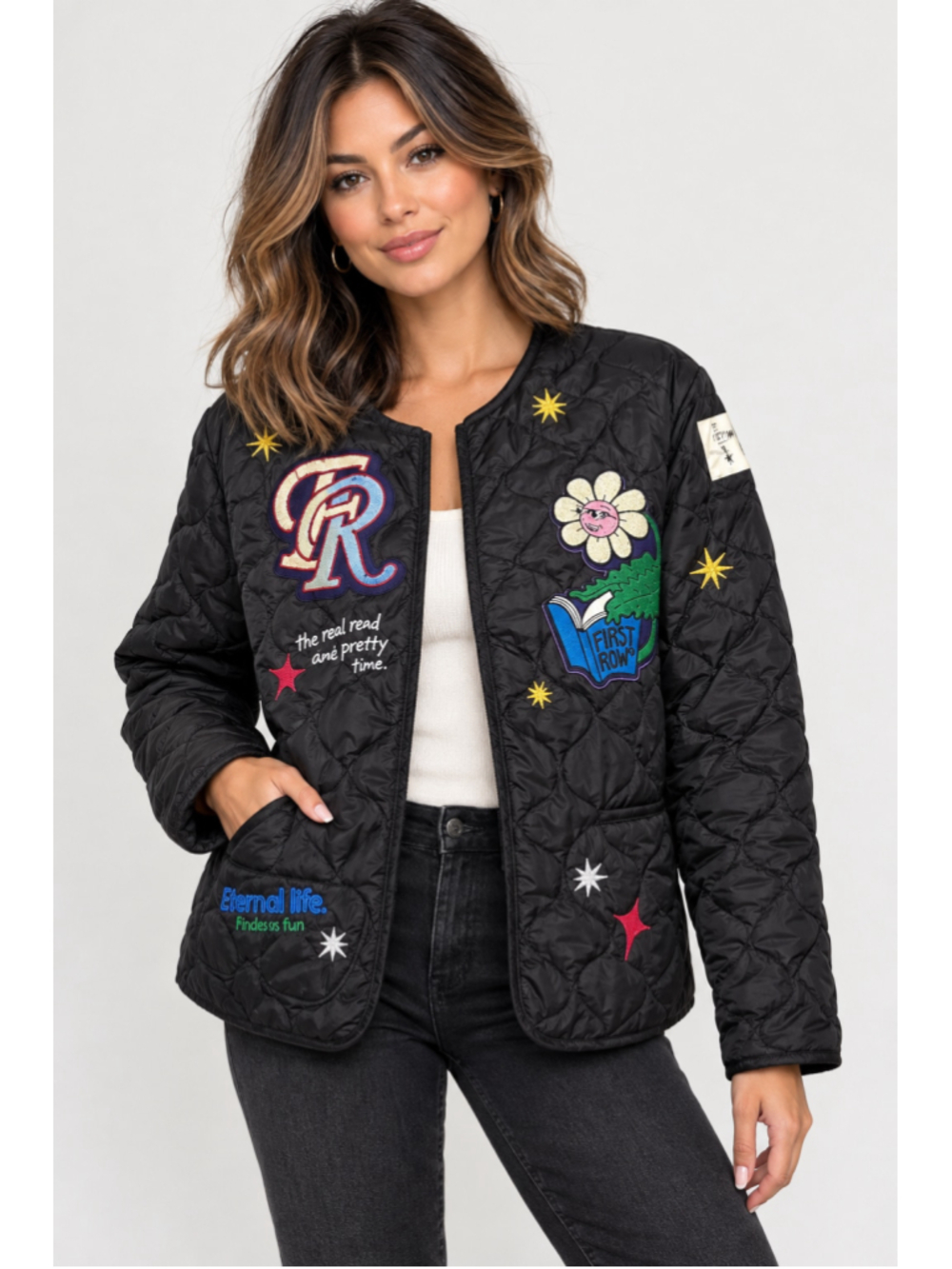 Women's First Row Quilted Puffer Jacket Size M Black Multicolor Patched